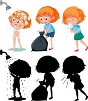 Set of a girl cartoon character in different positions with its silhouette vector