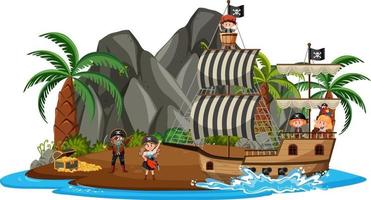 Pirate ship on island with many kids isolated on white background vector