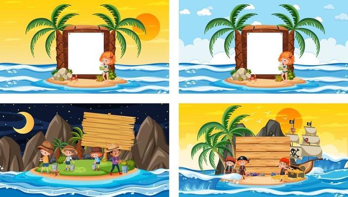 Set of different tropical beach scenes with blank banner