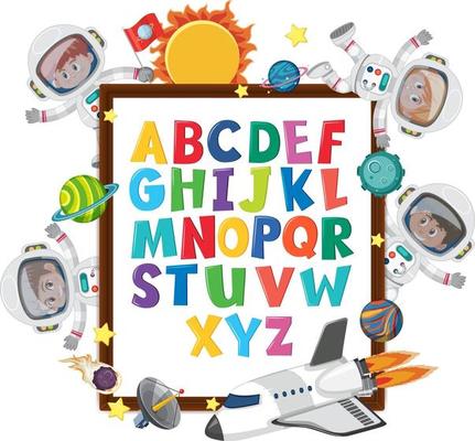 A-Z Alphabet board with kids in outer space theme