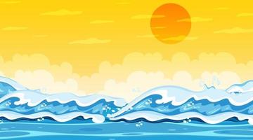 paisaje de playa en la escena del atardecer con olas del mar vector