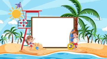 Plantilla de banner vacío con niños de vacaciones en la escena diurna de la playa vector