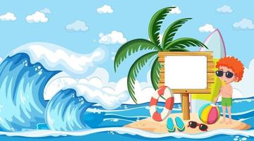Kids on vacation at the beach daytime scene with an empty banner template vector