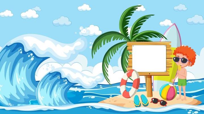 Kids on vacation at the beach daytime scene with an empty banner template