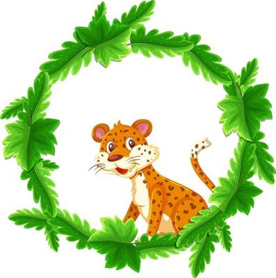 Round green leaves banner template with a leopard cartoon character