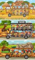 Set of different safari horizontal scenes with animals and kids cartoon character vector