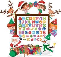 Alphabet A-Z and math symbols on a board with many kids in christmas costumes vector