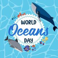 banner del día mundial del océano con diferentes animales marinos vector