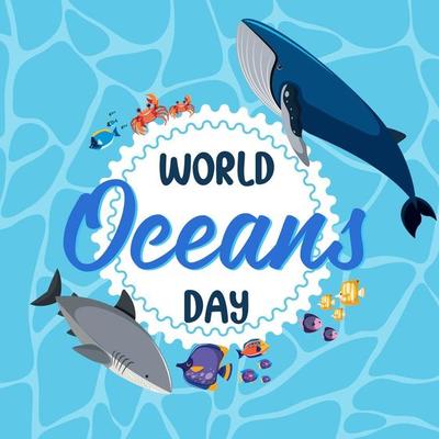 World Ocean Day banner with many different sea animals