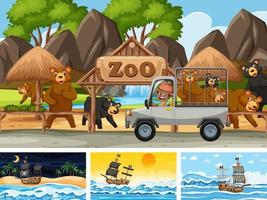 Conjunto de diferentes escenas con barco pirata en el mar y animales en el zoológico. vector