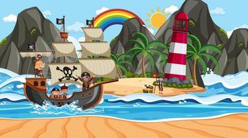 playa en escena diurna con personaje de dibujos animados de niños piratas en el barco vector