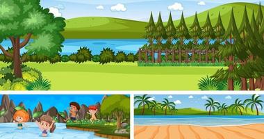 conjunto de diferentes escenas de paisajes panorámicos al aire libre con personaje de dibujos animados vector