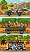 Set of different safari horizontal scenes with animals and kids cartoon character vector