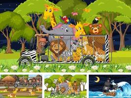 Set of different scenes with pirate ship at the sea and animals in the zoo vector