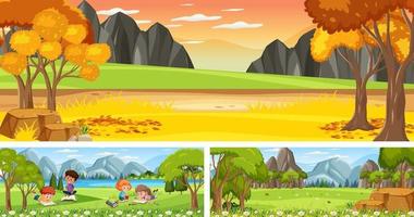 Set of different outdoor landscape scenes with cartoon character vector