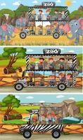 Set of different safari horizontal scenes with animals and kids cartoon character vector