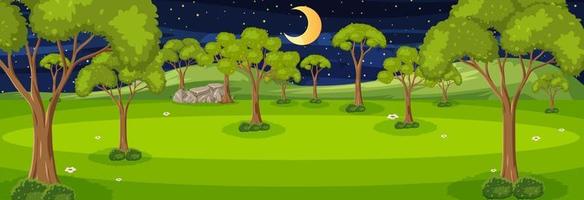 Escena horizontal del bosque en la noche con muchos árboles. vector