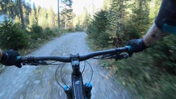 POV view of a mountain biker hands handlebars biking on a singletrack trail.