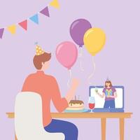 Fiesta online, hombre conectado por internet con mujer celebración con tarta vector