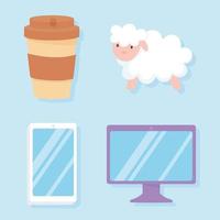insomnio, ovejas, computadora, móvil, y, taza de café, iconos vector