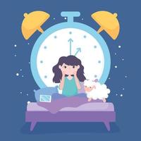 insomnio, niña triste en la cama con ovejas móviles y fondo de reloj grande vector