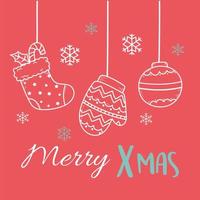 merry xmas red background with hanging mitten sock and ball decoration vector