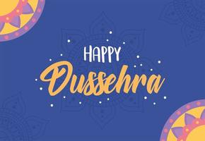 feliz festival dussehra de la india, letras mandala floral fondo azul vector