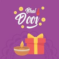 feliz bhai dooj, regalo de lámpara diya y flores, celebración familiar india vector