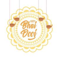 happy bhai dooj, indian family celebration floral mandala and hanging diya lamps vector