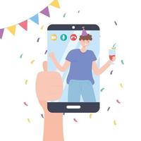 Mano de fiesta en línea con videollamada de teléfono inteligente de niño celebrando vector