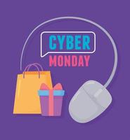 Cyber Monday, caja de regalo de comercio electrónico y bolsa de compras. vector