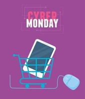 cyber monday, smartphone inside shopping cart connected mouse vector