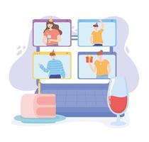online party, laptop video call with people celebration with cake and wine vector