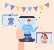 online party, hand holding smartphone with man celebrating with friends vector