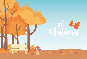 landscape in autumn nature scene, bench park mushroom trees meadow vector