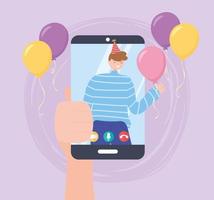 online party, hand holding smartphone with man celebrating vector