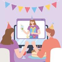 fiesta online, pareja con pastel celebrando videollamada con chica vector