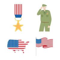 feliz día de los veteranos, medalla soldado mapa e iconos de la bandera americana vector