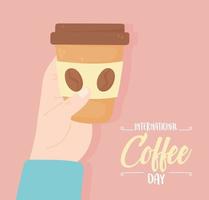 international day of coffee, hand with paper takeaway cup vector