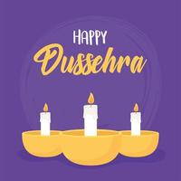 happy dussehra festival of india, decorative candles in lamps vector