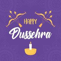 feliz festival de dussehra de la india arco flechas velas en la tarjeta de lámparas vector