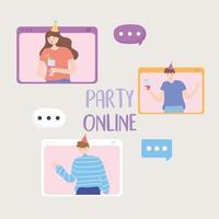 online party, young people talk bubble characters vector