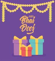 happy bhai dooj, gift boxes flowers decoration card, indian family celebration vector