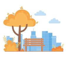 landscape in autumn nature scene, bench park tree bushes and cityscape sky background vector