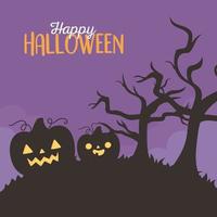 happy halloween, spooky pumpkins dry trees night trick or treat party celebration vector