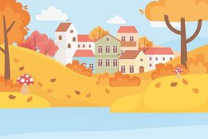 landscape in autumn nature scene, village houses trees leaves mushroom in the grass vector