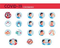 set of icons with symptoms, prevention and transmission of coronavirus vector