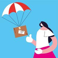 woman catching parcel box falling down with parachute from sky vector