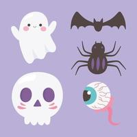 feliz halloween fantasma calavera araña espeluznantes ojos y murciélagos iconos vector