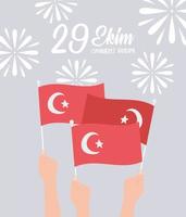 29 ekim cumhuriyet bayrami kutlu olsun, día de la república de turquía, manos con banderas tarjeta de celebración de fuegos artificiales vector